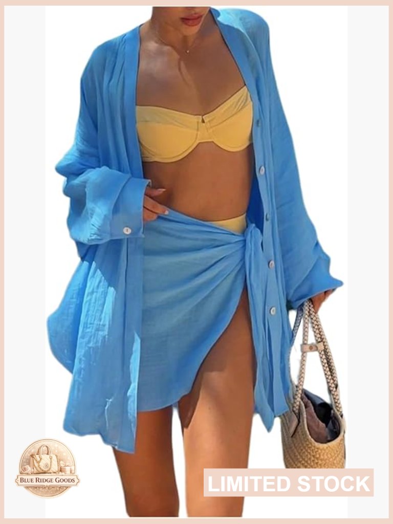 Womens Swimsuit Cover Up 2 Piece Set Oversized Button Down Shirt Wrap Skirt